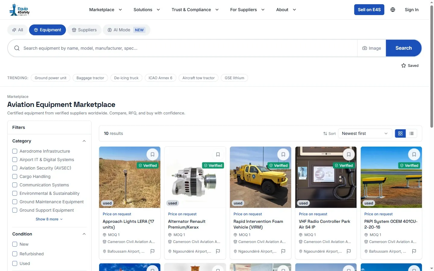 EQUIP4SAFETY marketplace: verified equipment listed by the Cameroon Civil Aviation Authority